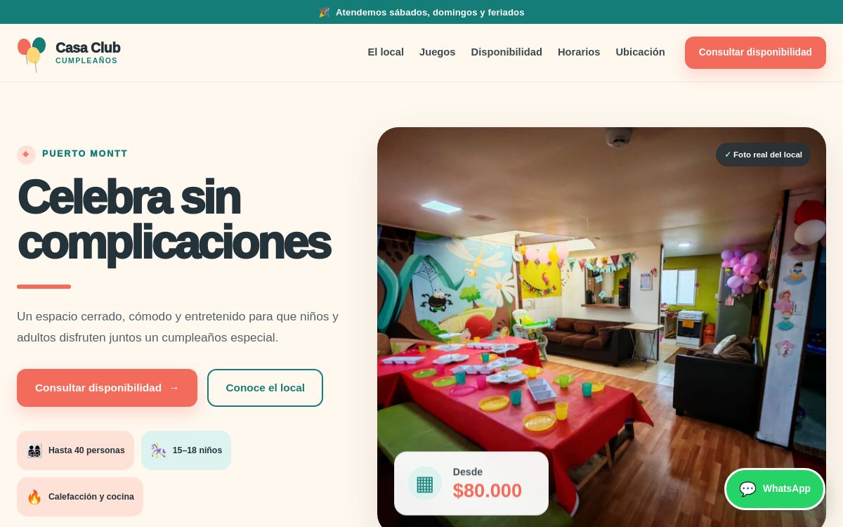 Captura real de la portada del sitio Casa Club Cumpleaños
